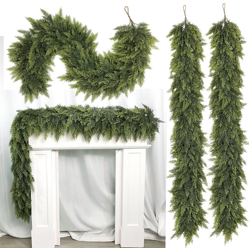 2 Pcs Artificial Cedar Garlands, Real Touch Winter Cedar Garland, Green Artificial Greenery Pine Garland for Table, Mantle, Wall, Indoor, Outdoor Christmas Decorations