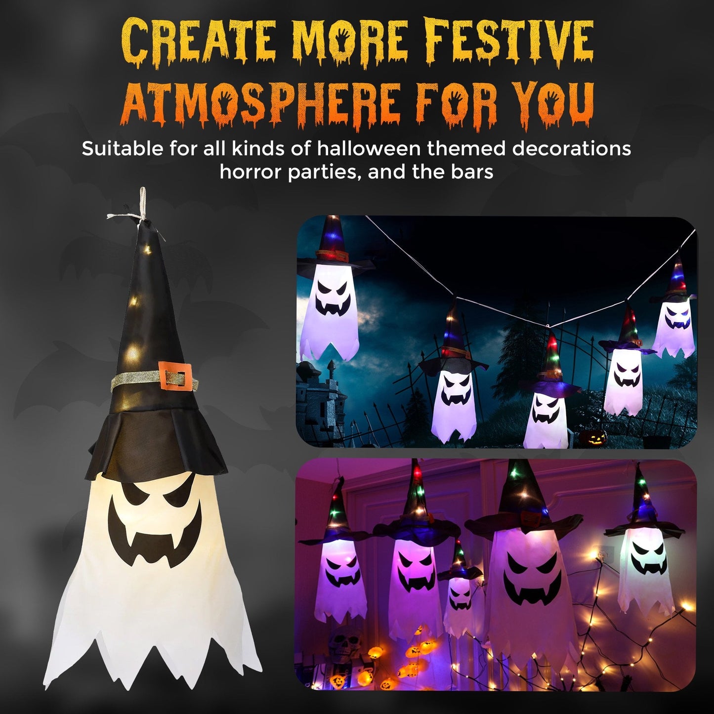 Halloween Decorations Outdoor - 5 PCS Hanging Halloween Lighted Glowing Ghost Witch Hat With LED String Lights