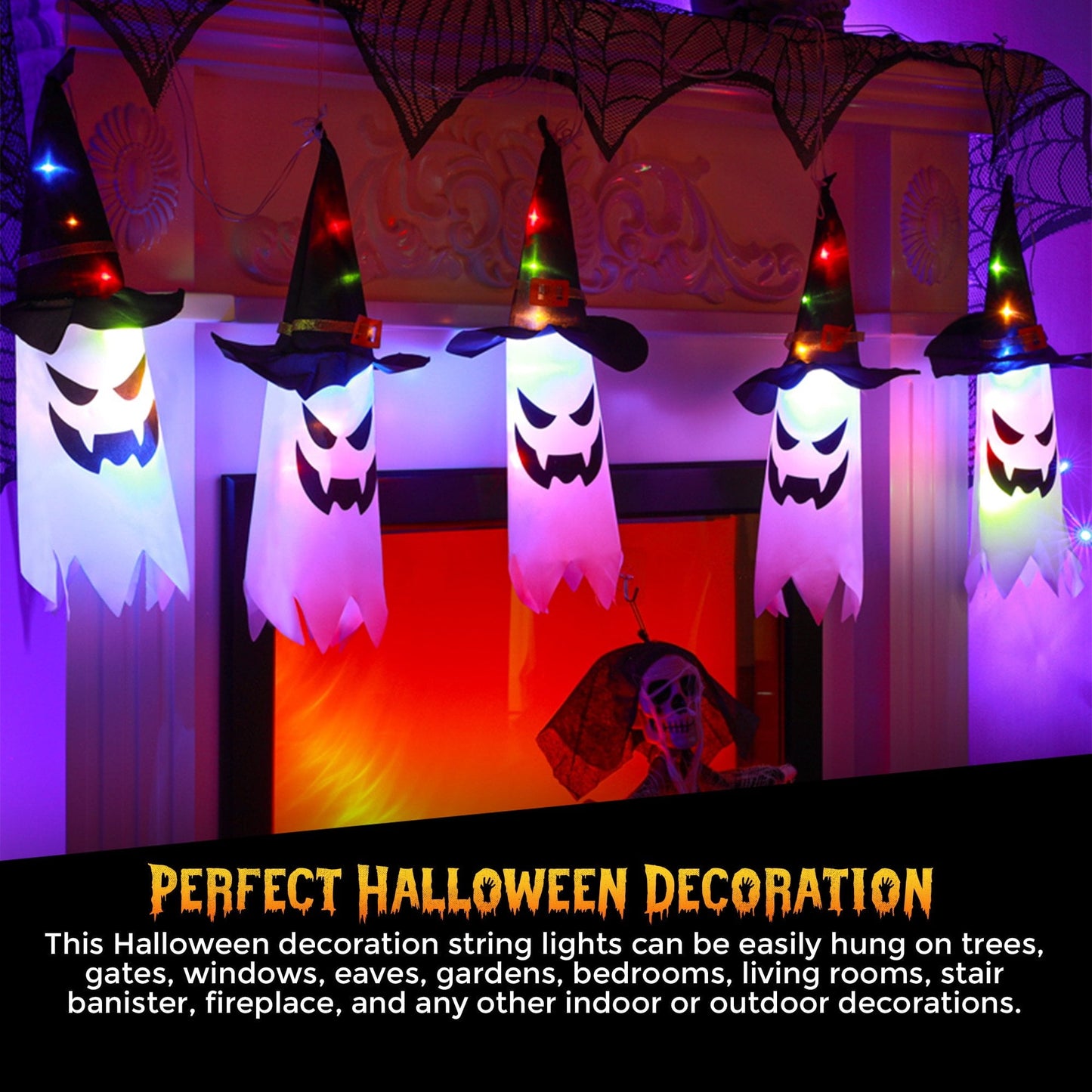 Halloween Decorations Outdoor - 5 PCS Hanging Halloween Lighted Glowing Ghost Witch Hat With LED String Lights