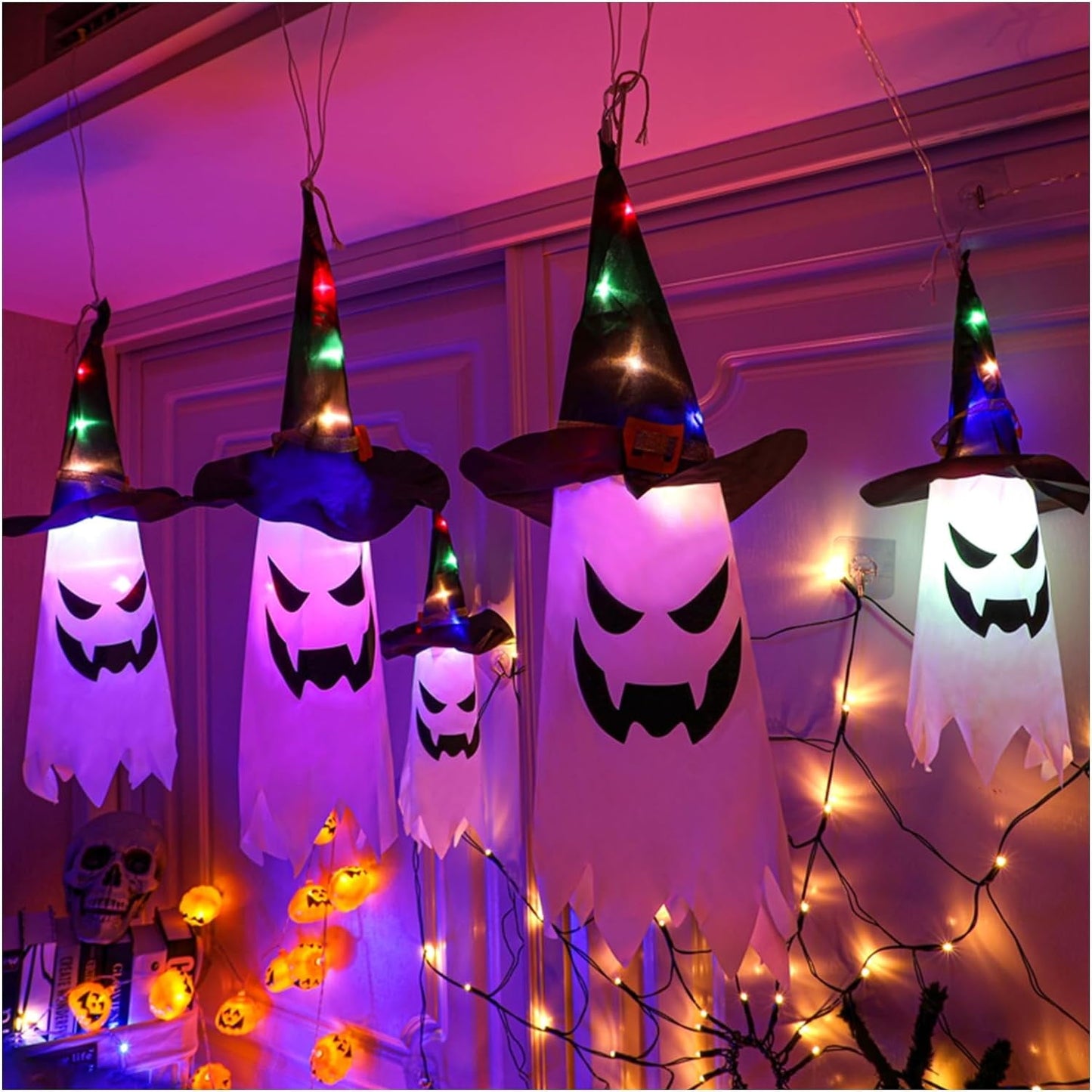 Halloween Decorations Outdoor - 5 PCS Hanging Halloween Lighted Glowing Ghost Witch Hat With LED String Lights