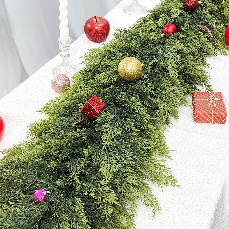 2 Pcs Artificial Cedar Garlands, Real Touch Winter Cedar Garland, Green Artificial Greenery Pine Garland for Table, Mantle, Wall, Indoor, Outdoor Christmas Decorations