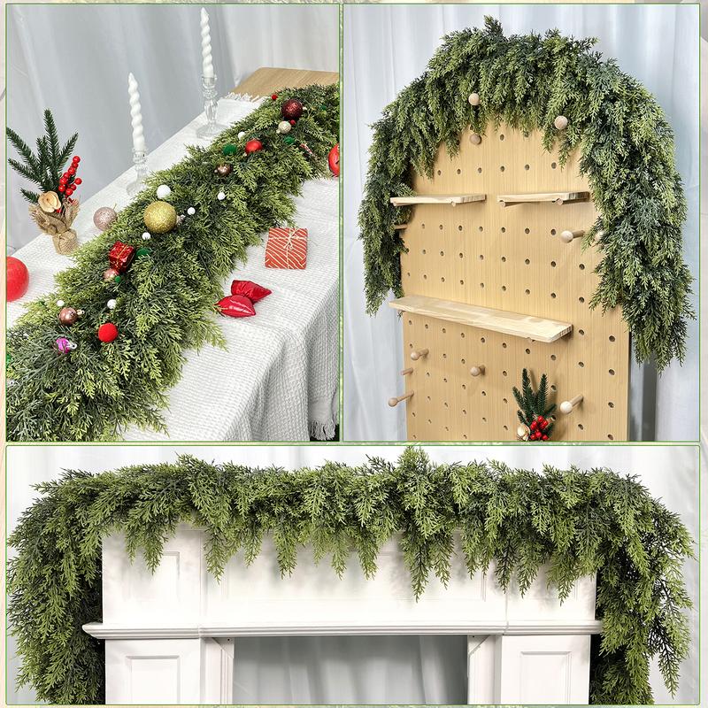 2 Pcs Artificial Cedar Garlands, Real Touch Winter Cedar Garland, Green Artificial Greenery Pine Garland for Table, Mantle, Wall, Indoor, Outdoor Christmas Decorations