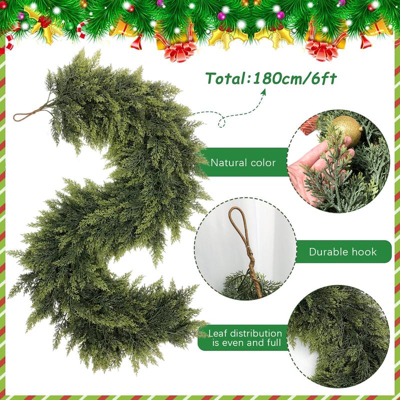 2 Pcs Artificial Cedar Garlands, Real Touch Winter Cedar Garland, Green Artificial Greenery Pine Garland for Table, Mantle, Wall, Indoor, Outdoor Christmas Decorations