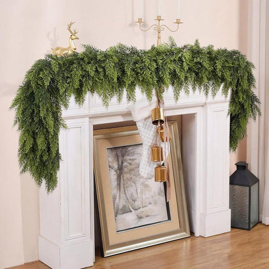 2 Pcs Artificial Cedar Garlands, Real Touch Winter Cedar Garland, Green Artificial Greenery Pine Garland for Table, Mantle, Wall, Indoor, Outdoor Christmas Decorations